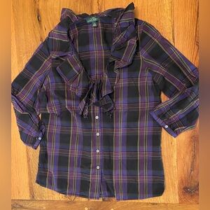 Lauren Ralph Lauren 100% Cotton Plaid V-Neck with Ruffle Button Up Top, Sz Small